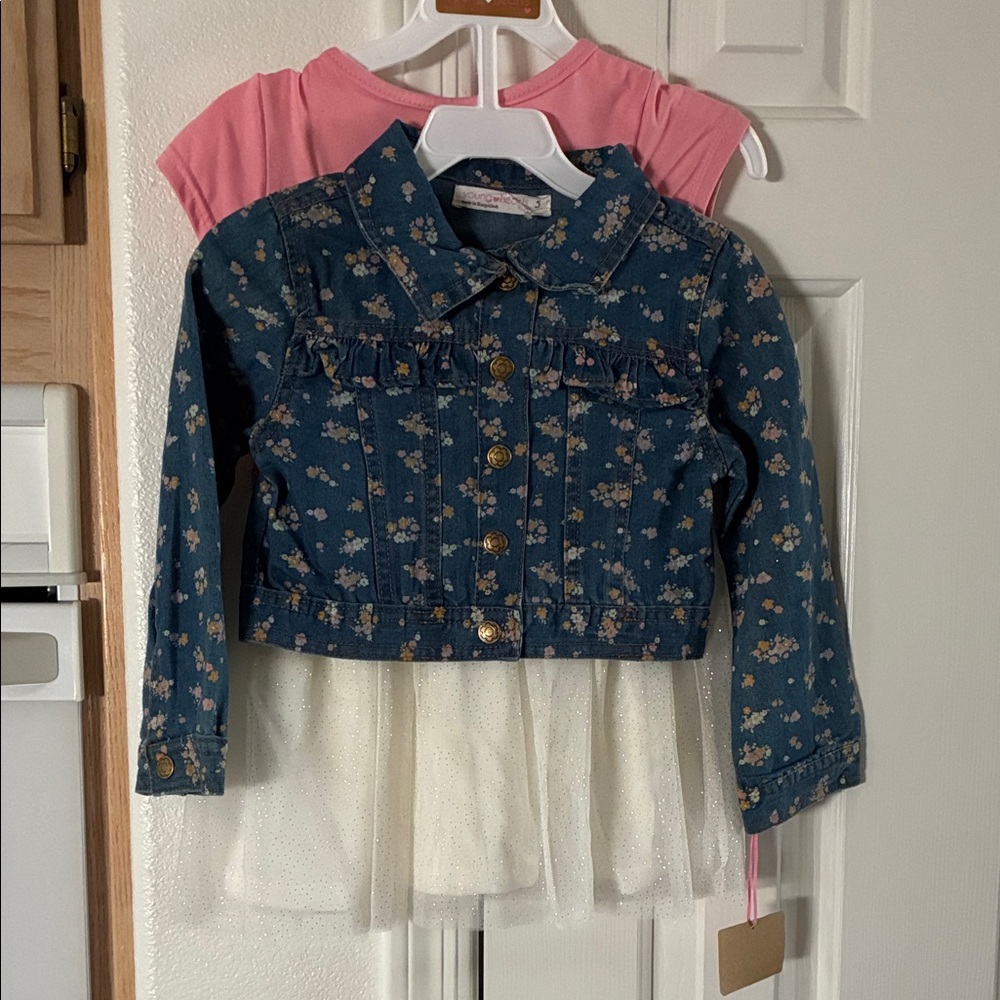NWT Kids Floral Blue Denim Jacket with Tulle Skirt
